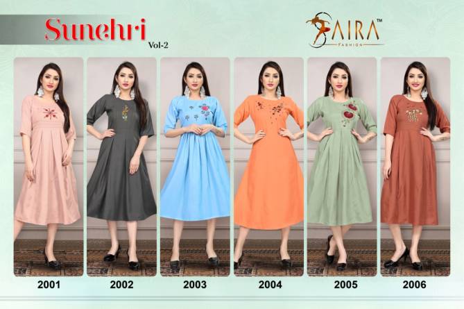 SAIRA SUNEHRI VOL-2 Fancy Casual Wear Round Style Heavy Ruby Slub Cotton With Nack Value Addition Work Kurti Collection